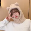 Cute beige fleece hooded scarf hat with bear ears for winter outdoor warmth protection - One Size / Closed Neckline Style / Khaki