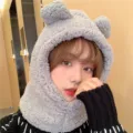 Stylish grey cute bear plush hooded scarf hat for women winter outdoor cycling warmth - One Size / Closed Neckline Style / Gray