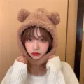 Cute brown plush bear ear hood and scarf combo for autumn winter outdoor warmth - One Size / Closed Neckline Style / Brown
