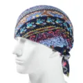 Bohemian printed pirate headscarf bandana cap for men and women in navy blue floral motif - One Size (55-58cm) / Flower (Blue)