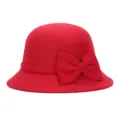 Elegant red wool-like cloche hat for women featuring a stylish large bow for winter fashion - One Size Fits 56-58cm / Knitted Bow - Red