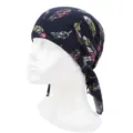 Navy blue pirate bandana cap with colorful feather print pattern for men and women - One Size (55-58cm) / Feather (Navy Blue)