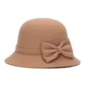 Elegant camel-colored imitation wool cloche hat for women with stylish bow decoration - One Size Fits 56-58cm / Bowknot - Khaki
