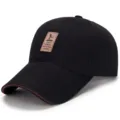 Berretto da baseball classico da uomo in cotone nero con patch logo in pelle marrone - COTTON-BLACK COFFEE / Regolabile (Adatto per circonferenza testa 56-60cm)
