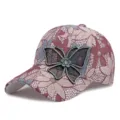 Berretto da baseball in pizzo traspirante da donna con elegante farfalla di strass - Butterfly-wine red / Regolabile per Circonferenza Testa 55-60cm