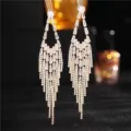 Elegant long tassel dangle earrings with sparkling white crystals for glamorous women - E4308 (9.8cm) / Gold