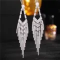 Long silver tassel earrings with sparkling white crystals in a fringe chandelier design. - E4308 (9.8cm) / Silver
