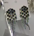Exaggerated Klein blue and black rhinestone tassel fringe drop earrings in SKU variant view - E4321 (6.5cm) / Gold + Multi-Black