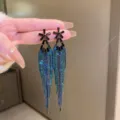 Bold Klein blue tassel dangle earrings with sparkling rhinestones in luxury style - E4323 Klein Blue (12cm) / Gunmetal
