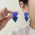 Bold Klein blue geometric triangle earrings with colorful sparkling crystal pavé - E4324 (Klein Blue Geometric) / Silver