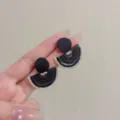 Elegant black fan-shaped stud earrings with sparkling rhinestone accents for women - E4325 (Frosted Fan) / Gold