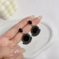 Vintage oversized black gemstone stud earrings with silver rhinestone halo decoration - E4348 (Vintage Exaggerated) / Antique Silver