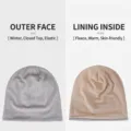 Winter fleece-lined beanie hat with textured grey exterior and soft warm lining - One Size (56-59cm) / Fleece Lined / Light Gray/Beige Fleece