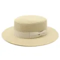 Women's stylish flat top straw hat with ribbon bow for summer beach sun protection. - Adult Size (56-58cm Circumference) / Bowknot Style / Beige