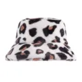 Winter leopard print faux rabbit fur bucket hat for women, thick warm fisherman cap in white. - One Size 56-58cm / Leopard Style 1 / White