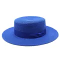 Royal blue straw boater hat for women with elegant ribbon bow for beach sun protection - Adult Size (56-58cm Circumference) / Bowknot Style / Sapphire Blue