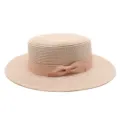 Women's straw boater hat featuring a ribbon bow for summer beach sun protection - Adult Size (56-58cm Circumference) / Bowknot Style / Light Pink