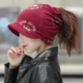 Women's burgundy beanie with soft brim and crown print, ponytail opening design - One Size (Stretchy) / Wine Red (Crown Print)