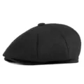 Vintage black wool newsboy cap for men, warm winter octagonal hat with lining. - Size M (56-58cm) / Plain-Black
