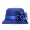 Elegant royal blue wool felt cloche hat with ribbon rose and polka dot mesh detail. - One Size Fits 56-58cm / Royal Blue with Flower