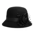 Elegant black wool felt dome hat with large floral and lace decoration for women - One Size Fits 56-58cm / Flower-Black