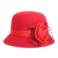 Elegant red felt cloche hat for women with fabric rose and polka dot mesh detail - One Size Fits 56-58cm / Flower-Red