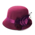 Elegant wine red wool felt cloche hat for women with floral ribbon and mesh veil - One Size Fits 56-58cm / Burgundy with Flower