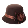 Elegant brown imitation wool cloche hat featuring decorative fabric flower for women - One Size Fits 56-58cm / Coffee with Flower