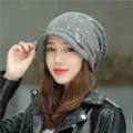Stylish grey women's winter beanie with soft brim and golden constellation prints - One Size (Stretchy) / Grey (Constellation Print)