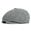 Classic retro grey herringbone newsboy cap for men in a warm wool blend fabric - Size M (56-58cm) / Herringbone Light Grey