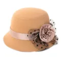 Vintage style camel wool cloche hat with fabric rose and polka dot mesh veil - One Size Fits 56-58cm / Flower-Khaki