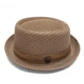 Classic brown mesh breathable pork pie hat with decorative ribbon band and metallic badge - One Size / Textured Style / Khaki
