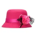 Elegant hot pink wool felt cloche hat for women featuring rose and mesh detail - One Size Fits 56-58cm / Rose Red with Flower