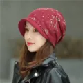 Stylish burgundy brimmed beanie for women with golden star pattern for autumn winter - One Size (Stretchy) / Wine Red (Constellation Print)