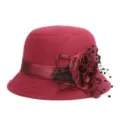 Elegant burgundy wool-like cloche hat with a satin rose and polka-dot mesh veil detail. - One Size Fits 56-58cm / Jujube Red with Flower