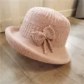 Elegant pink knitted bucket hat with bow detail for women in autumn and winter - One Size (55-58cm) / 文艺蝴蝶结款式(L0192) / Purple