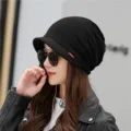 Stylish black women's autumn winter warm beanie hat with a soft brim fashion accessory - One Size (Stretchy) / Plain-Black