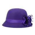Elegant purple faux wool cloche hat for women with floral ribbon and black mesh detail - One Size Fits 56-58cm / Floral - Purple