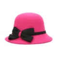 Elegant rose pink felt cloche hat featuring a stylish black bow and vintage design. - One Size Fits 56-58cm / Rose Red with X-Type Bow