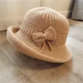 Elegant beige knitted bucket hat with a stylish bow detail for women's autumn winter - One Size (55-58cm) / 文艺蝴蝶结款式(L0192) / Khaki
