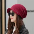 Burgundy knit beanie with soft brim for women, stylish and warm autumn winter hat - One Size (Stretchy) / Solid Wine Red