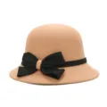 Elegant khaki felt cloche hat for women featuring a stylish black bow ribbon accent - One Size Fits 56-58cm / Camel with X-Type Bow