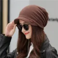 Brown slouchy knitted beanie hat with soft brim for women, autumn and winter style - One Size (Stretchy) / Plain-Coffee