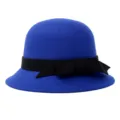 Elegant blue wool-like cloche hat with a stylish black bow accent for women - One Size Fits 56-58cm / Royal Blue with Wide Bow