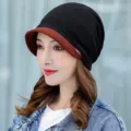 Elegant women's autumn winter warm beanie with soft brim in classic black and brown colors - One Size (Stretchy) / Two-Tone Black