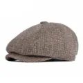 Vintage brown herringbone newsboy cap for men, warm padded winter flat cap beret - Small Plaid Coffee