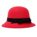 Elegant red wool-like felt cloche hat for women with a stylish black ribbon bow - One Size Fits 56-58cm / Red with Wide Bow