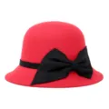 Elegant red felt dome hat with a large black bow for women's autumn winter fashion. - One Size Fits 56-58cm / Symmetrical Large Bowknot Style / Red