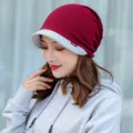 Stylish women's burgundy and grey cotton brimmed beanie hat for autumn and winter - One Size (Stretchy) / Two-Tone Wine Red