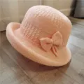 Elegant pink knitted bucket hat with bow detail for women's autumn and winter fashion - One Size (55-58cm) / 文艺蝴蝶结款式(L0192) / Pink